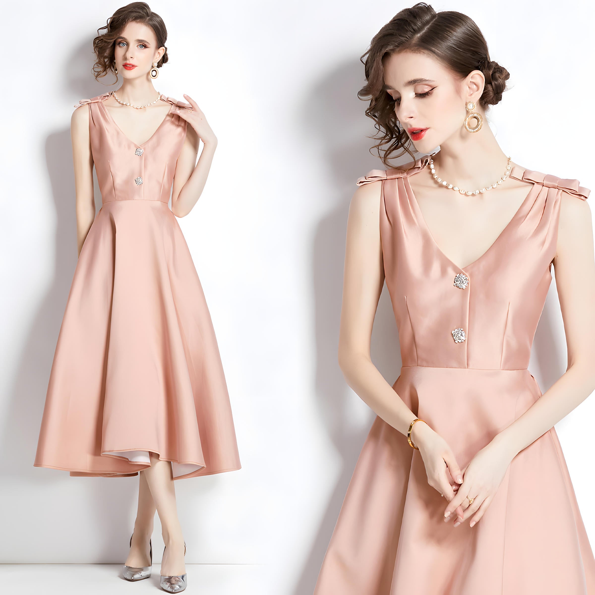 Hepburn Style Shoulder Bow V Neck Solid Peach Satin Dress - 1632#701