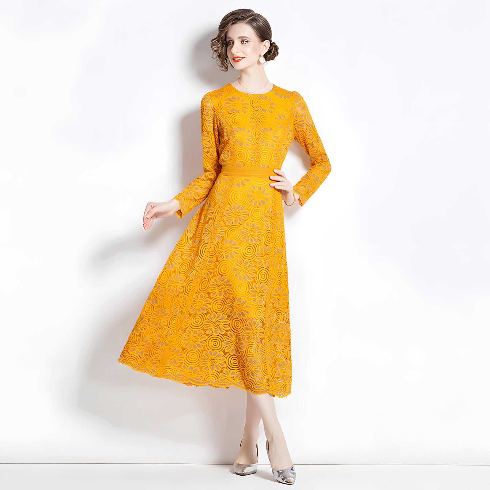 Luxury French Lace Full Sleeve Round Neck Long Dress - 6938#607_YELLOW
