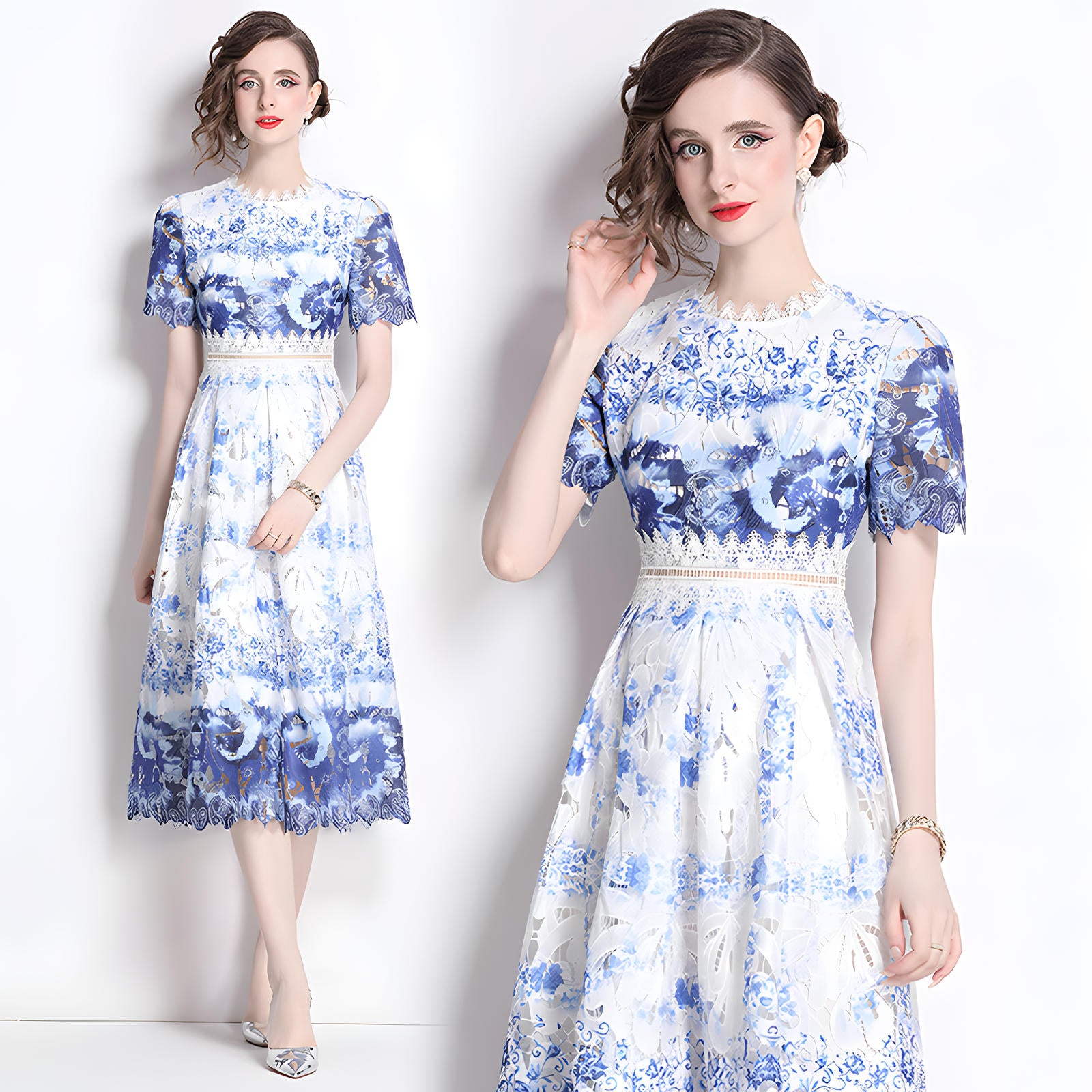 French Printed Flower Lace Jewel Neckline Retro Dress - 795242988743_BAS