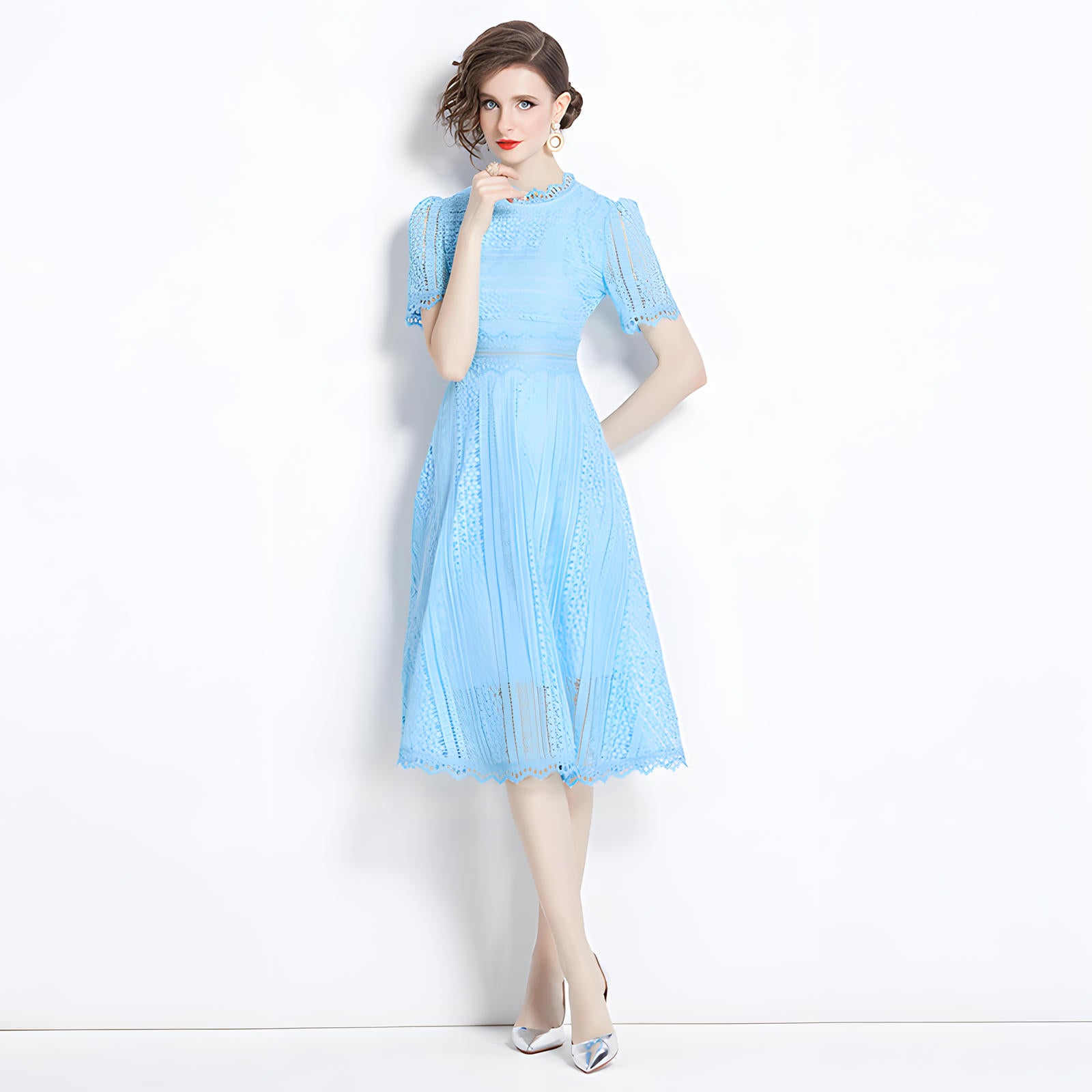 Luxury French Lace Jewel Neckline Lake Blue Dress - 533#609_LAK