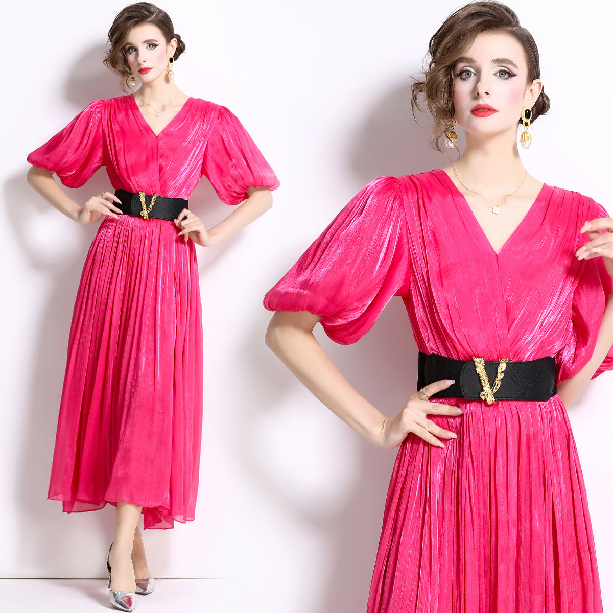 Glossy Pearlescent Chiffon Satin Fabric Lantern Sleeve Rose Red Dress with Belt - 826597659866_BAS