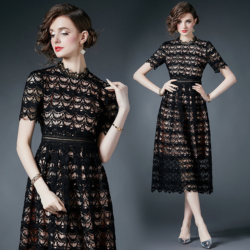 French Crocheted Lace Round Neck A - Line Black Dress - 780697439219