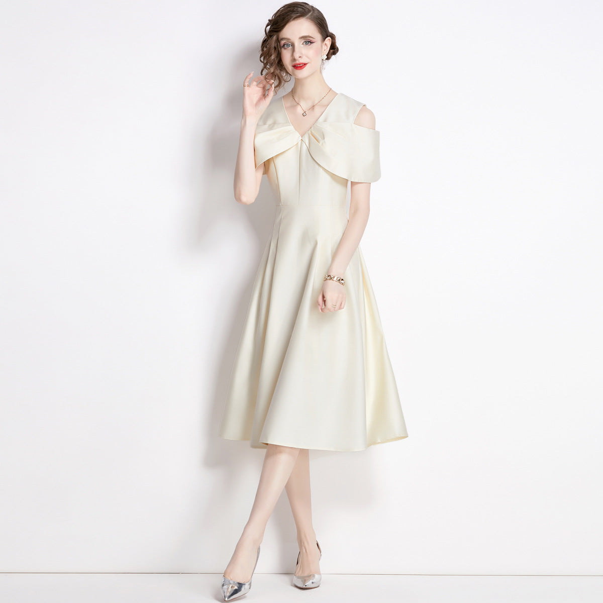 Off Shoulder V - Neck Fitted Vest Tucked Pleats Skirt Apricot Solid Satin Dress - NRJ-701A#1645_4