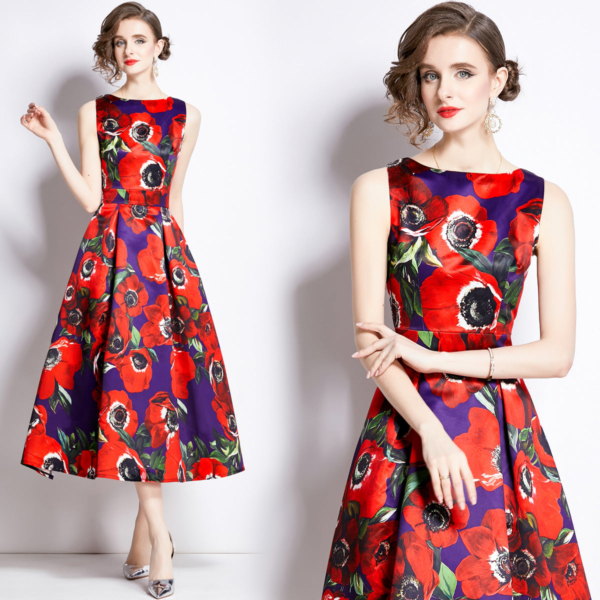 Sleeveless Boat Neck Fitted Vest Box Pleated Skirt Printed Satin Dress - 896#701