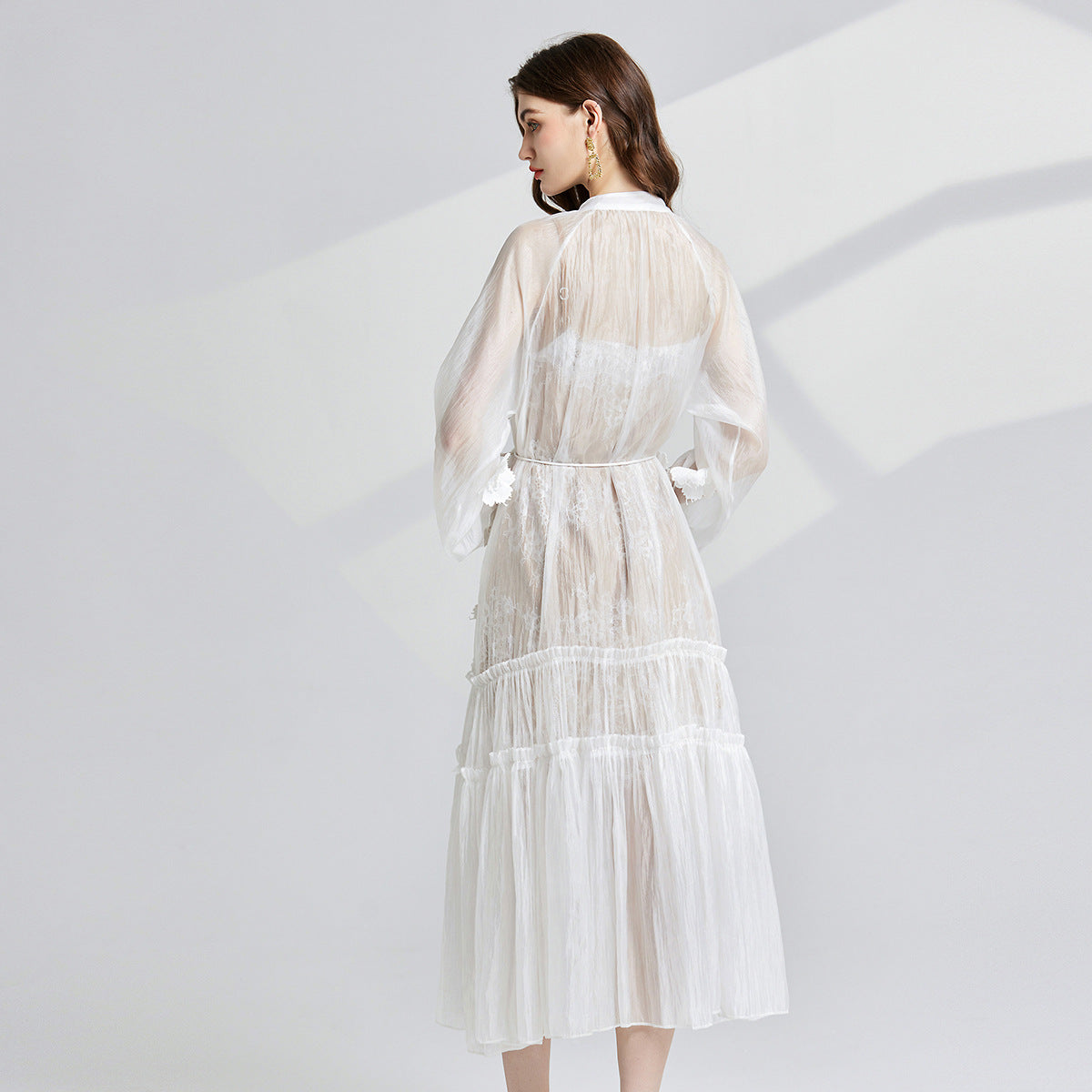 French Lace Floral Embellished Maxi Beach Dress with Lace Eyelash Sling And Bottoming Skirt - 834067027238