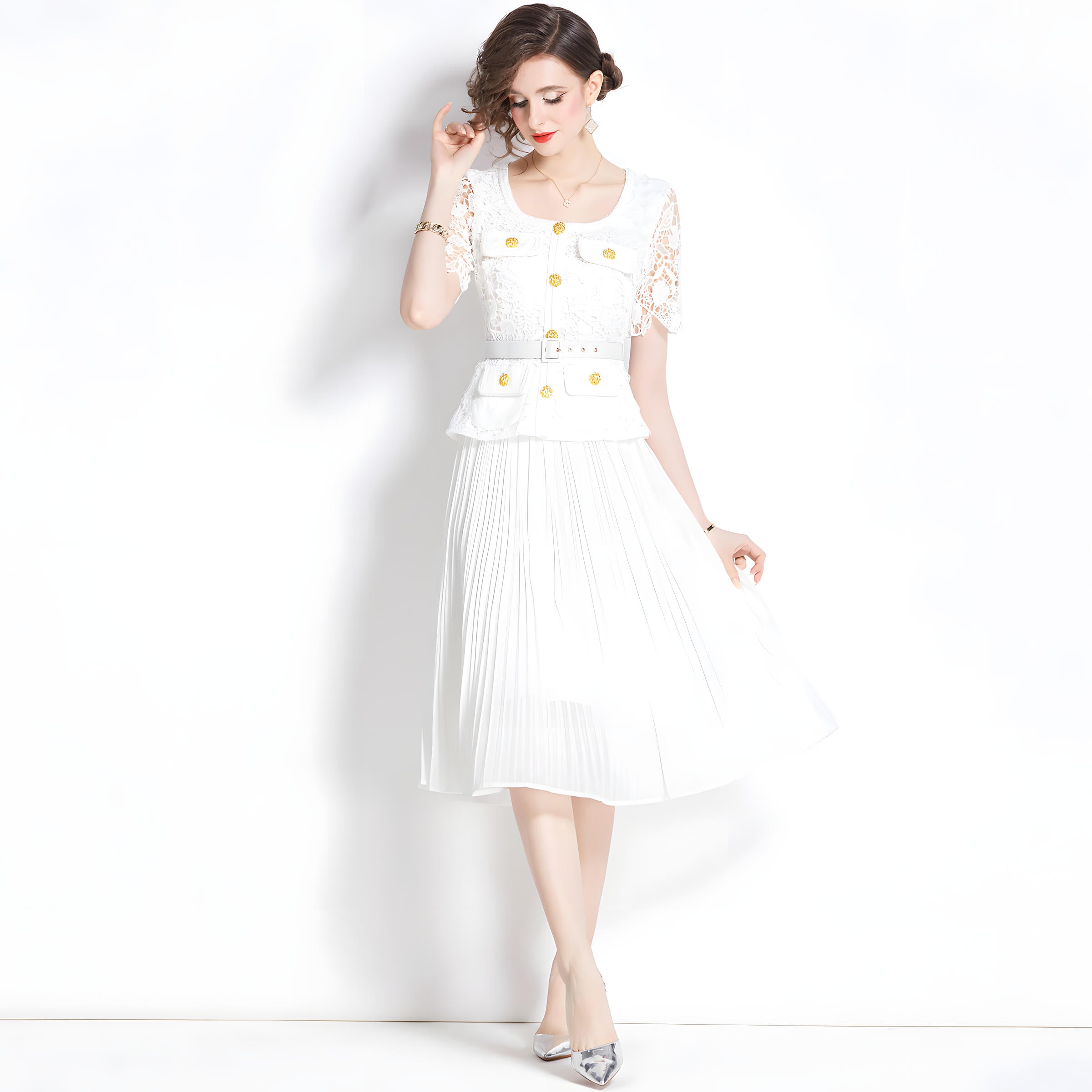 French Lace Jacket Top Pleated Skirt White Dress With Belt - 782041769039_BAS