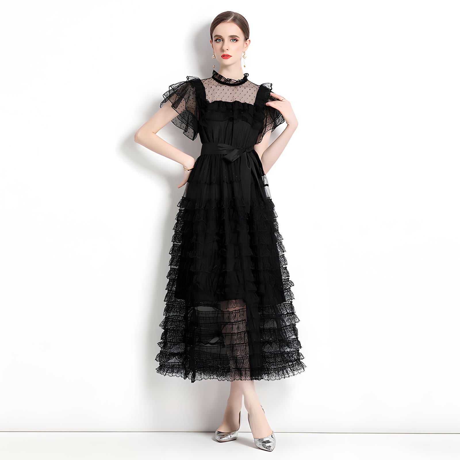 High Neck Polka Dot Mesh Multitier Skirt Elasticated Waist Butterfly Sleeve Black Dress With Satin Belt - 716644450507_BAS