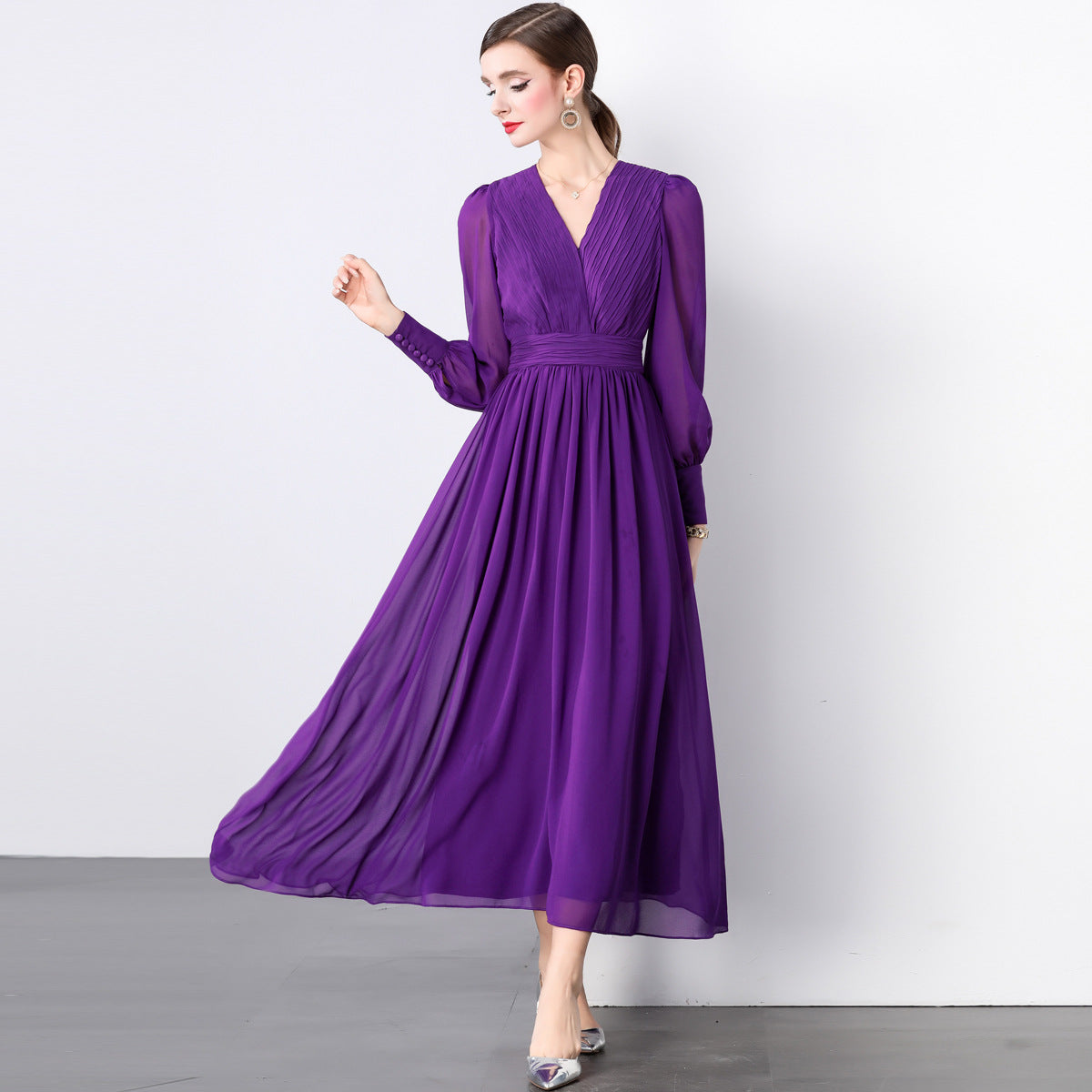 Lantern Sleeve Heat Set Pleated Bust Detailing V-Neck Chiffon Dress - 833281815952_PUR
