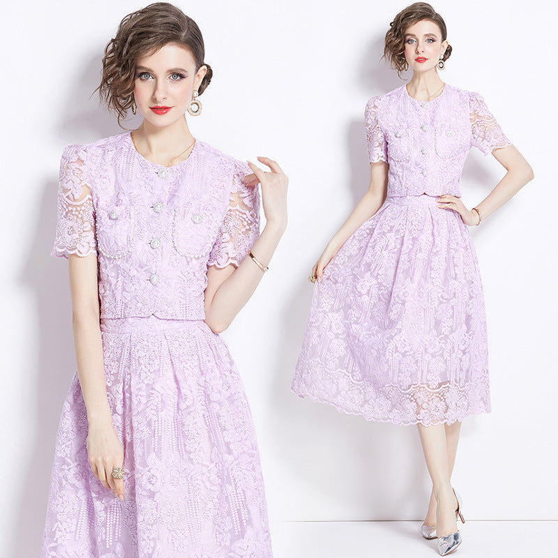 Embroidered French Lace Single Breasted Full Sleeve Blouse and Skirt Two Piece Set - 791558480609_BAS