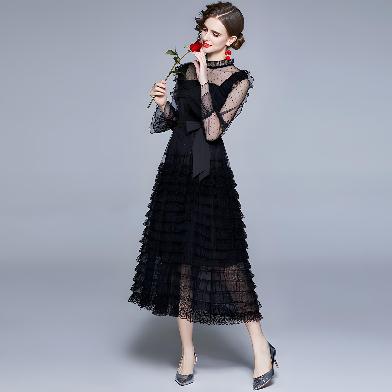 High Neck Polka Dot Mesh Multitier Skirt Elasticated Waist  Full Sleeve Black Dress With Satin Belt - 637810172088_BAS