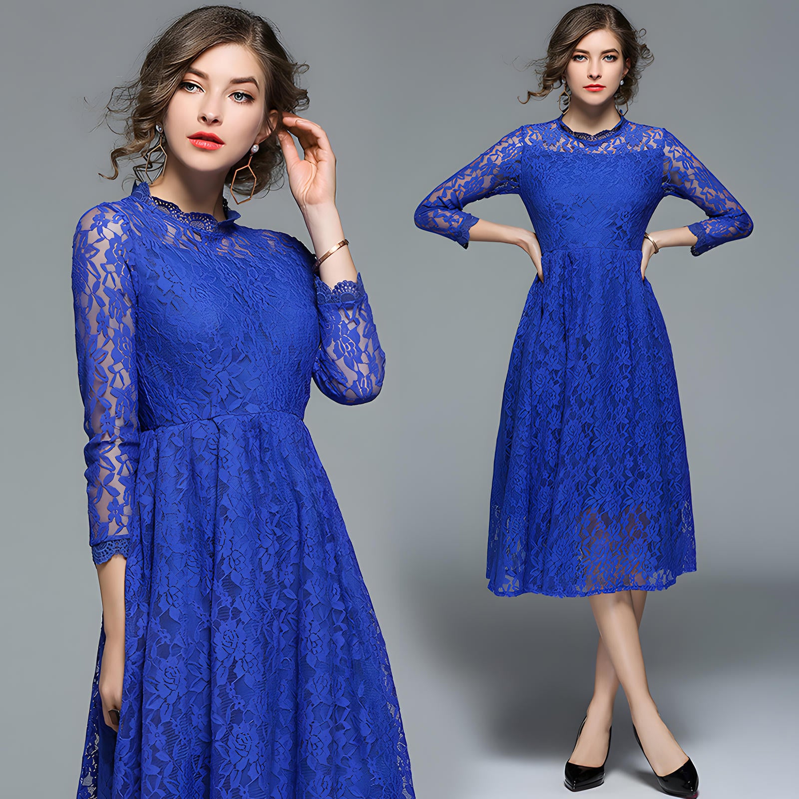 Luxury French Lace High Neck Retro Electric Blue Dress - 405#609 (EOSS)