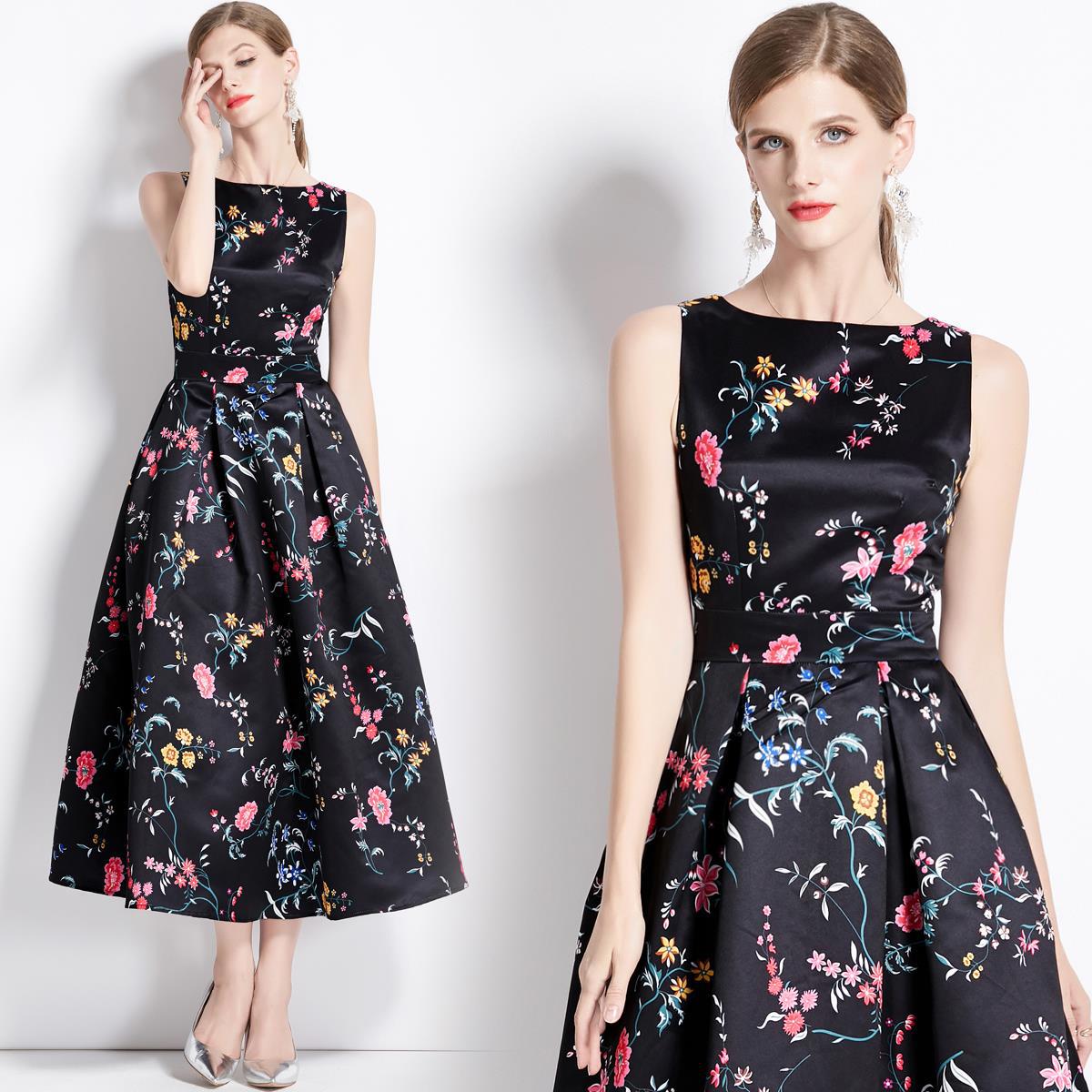 Sleeveless Boat Neck Fitted Vest Box Pleated Skirt Printed Satin Dress - 9088#701