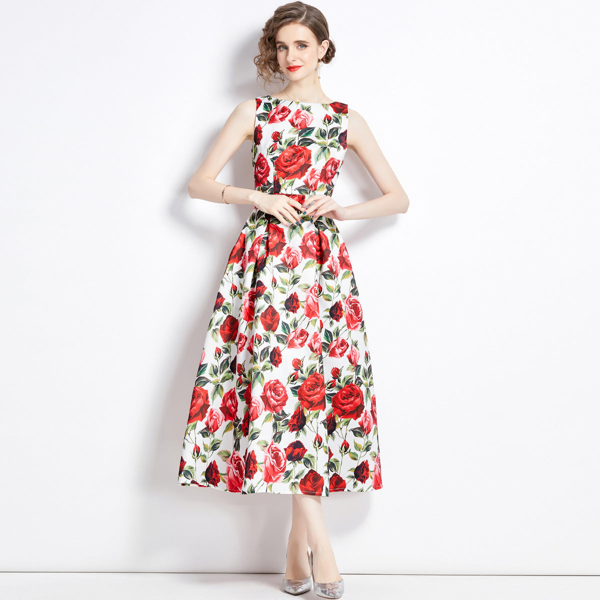 Sleeveless Boat Neck Fitted Vest Box Pleated Skirt Printed Satin Dress - 9054#701_BAS