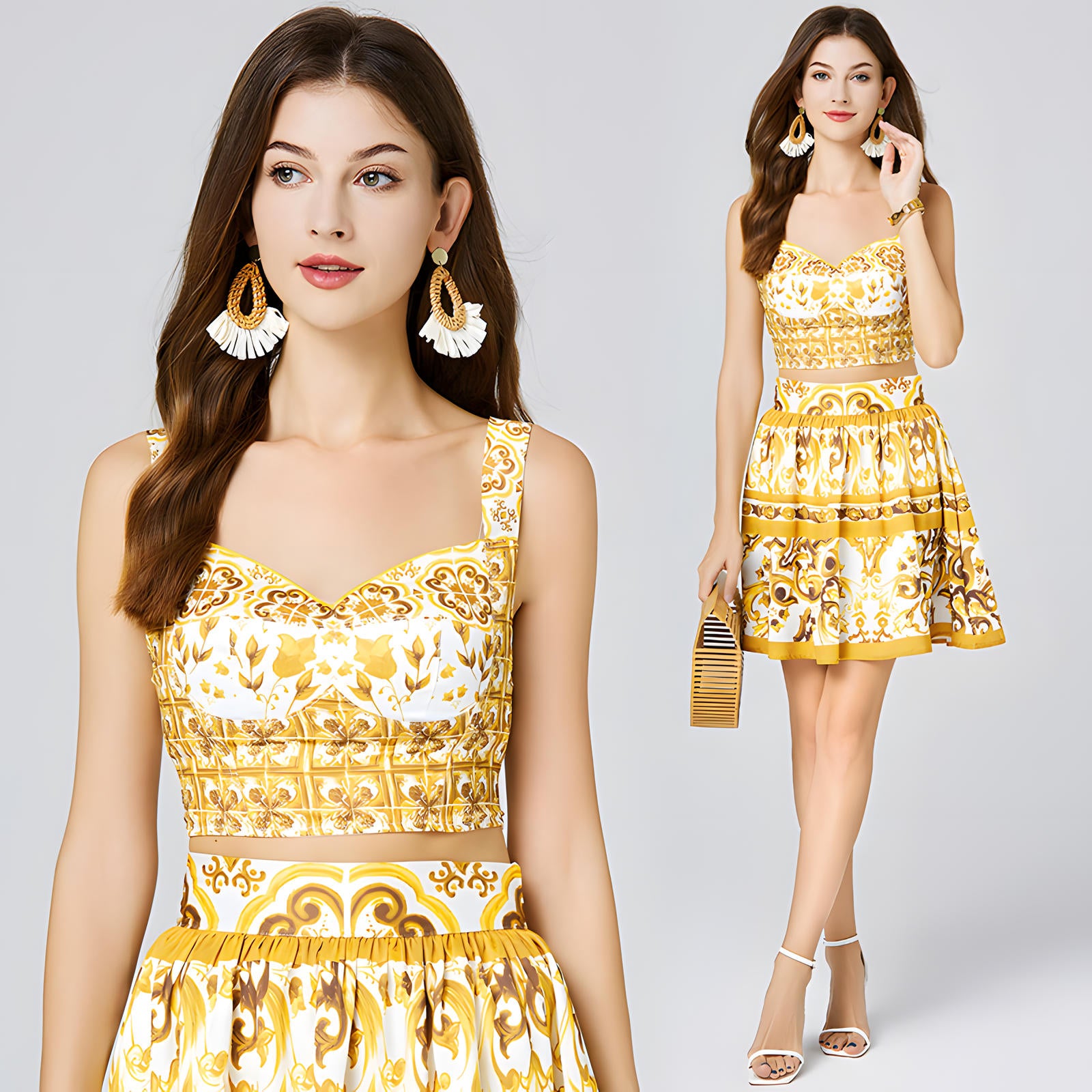 Baroque Pattern Printed Top and Skirt Two Piece Satin Dress - 807654616998_BAS (EOSS)