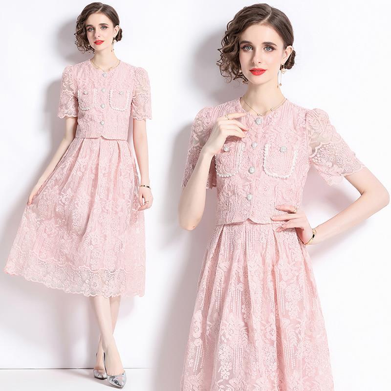 Embroidered French Lace Single Breasted Blouse and Skirt Two Piece Set - 8562#607_PINK (EOSS)