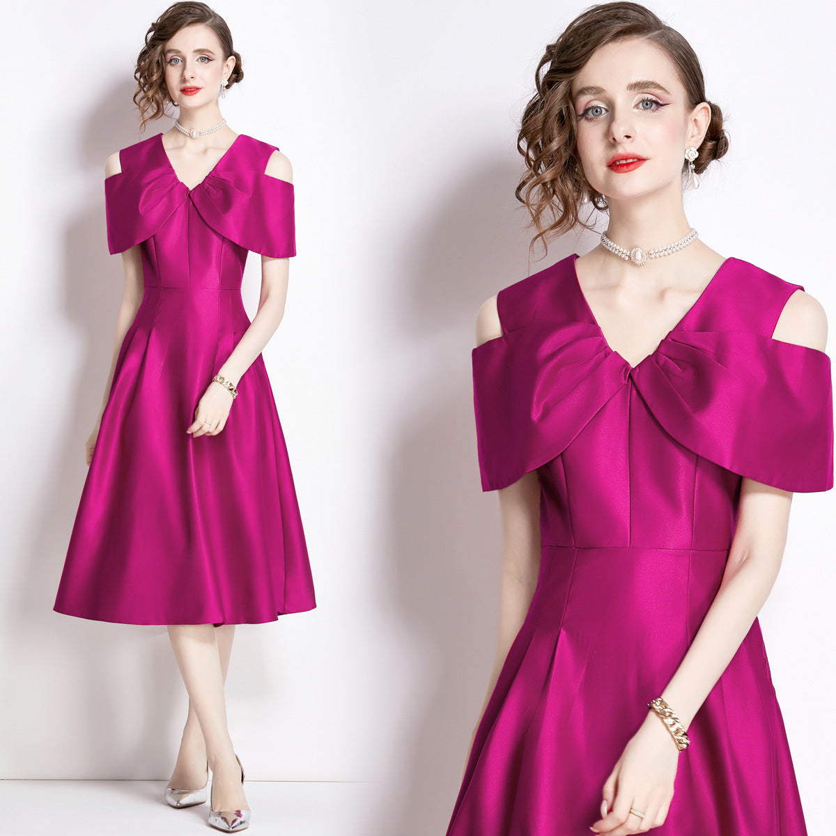 Off Shoulder V - Neck Fitted Vest Tucked Pleats Skirt Hot Pink Solid Satin Dress - NRJ-701A#1645_2