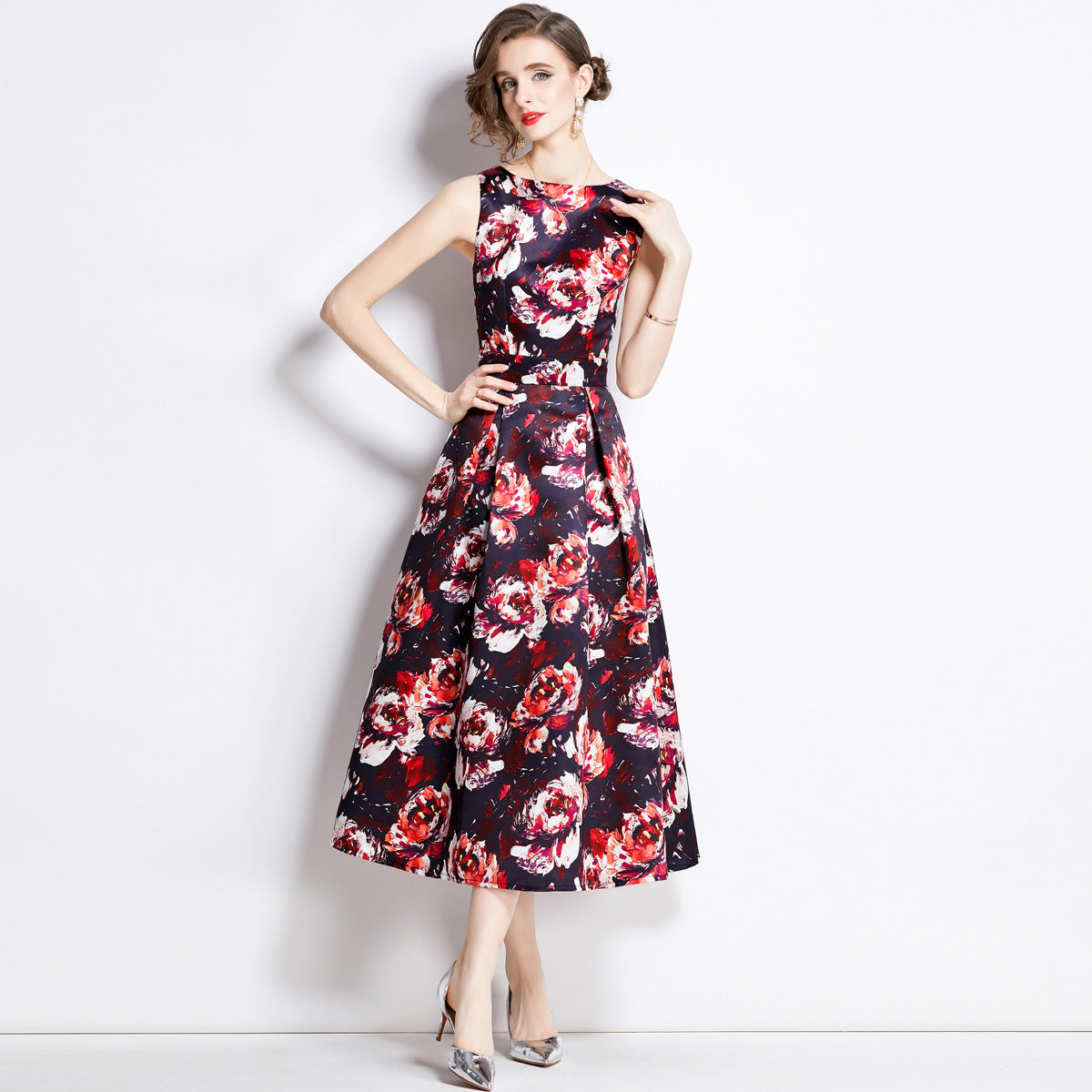 Sleeveless Boat Neck Fitted Vest Box Pleated Skirt Printed Satin Dress - 898#701