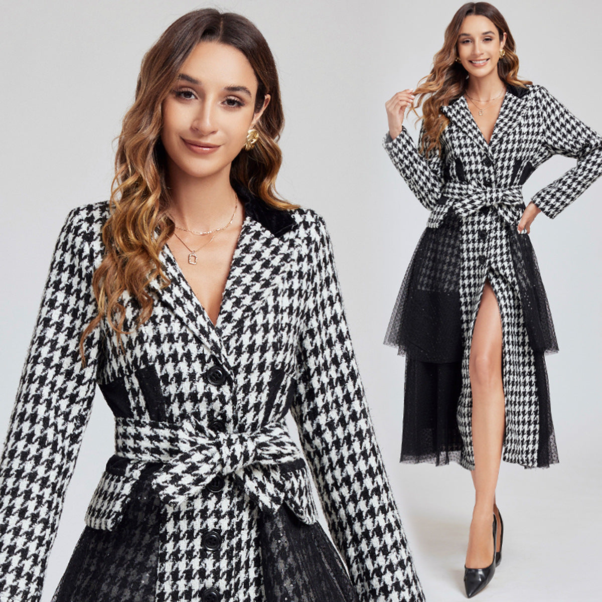 Houndstooth Noir Sequin Coat-Dress - 849998226262_BLACK