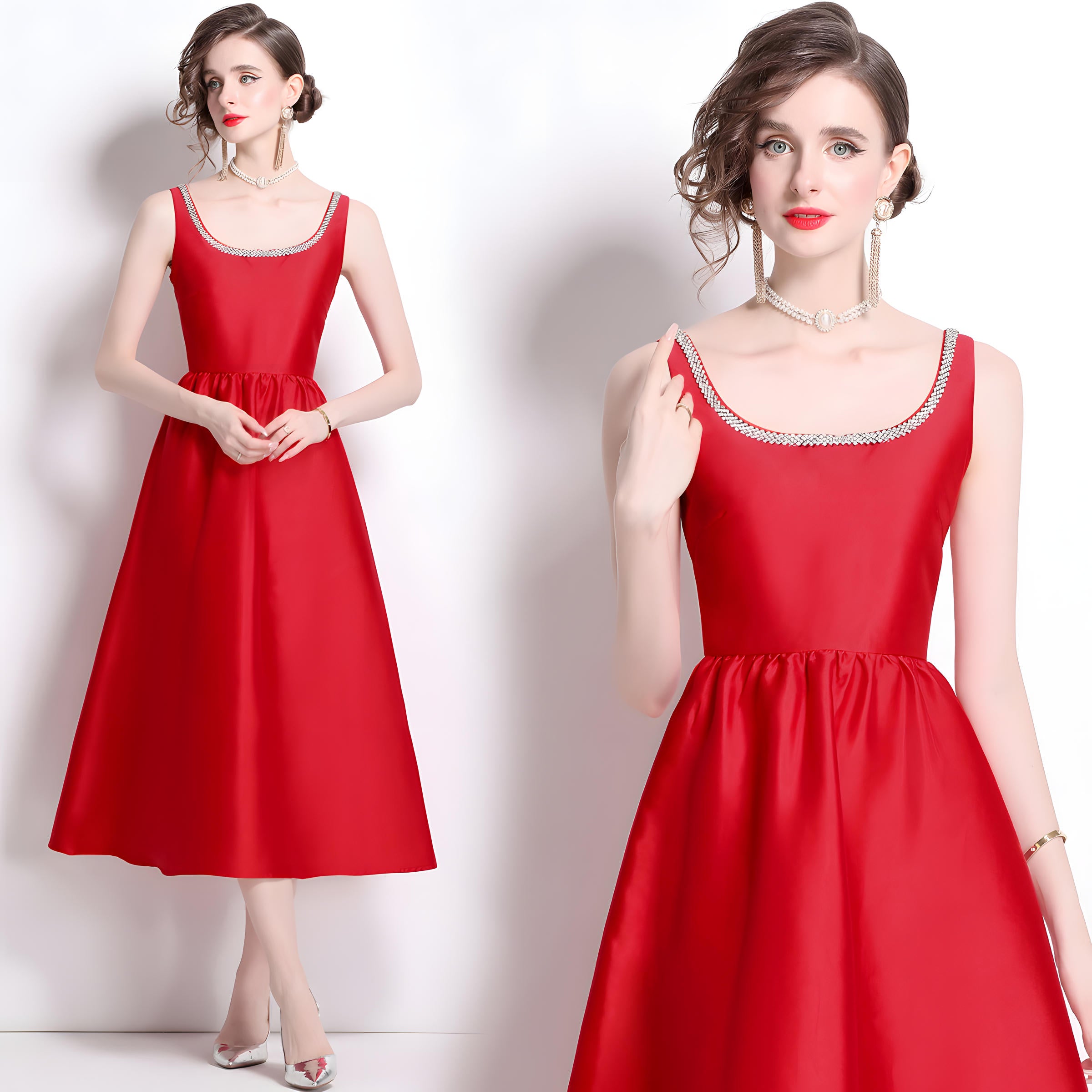 Fitted Vest Armhole Dart Red Satin Dress With Jewel Embellished Neckline - 816757242555_BAS