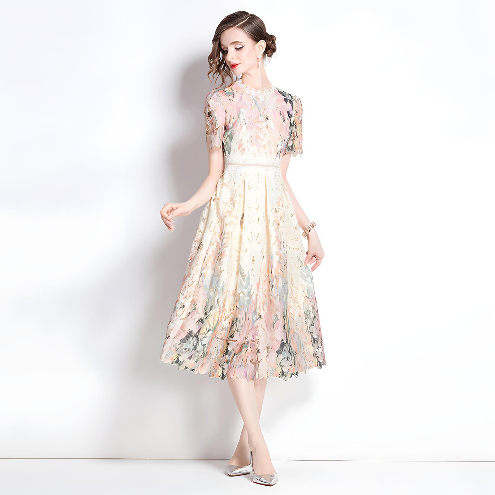 French Printed Flower Lace Jewel Neckline Retro Dress - 795247212577_BAS
