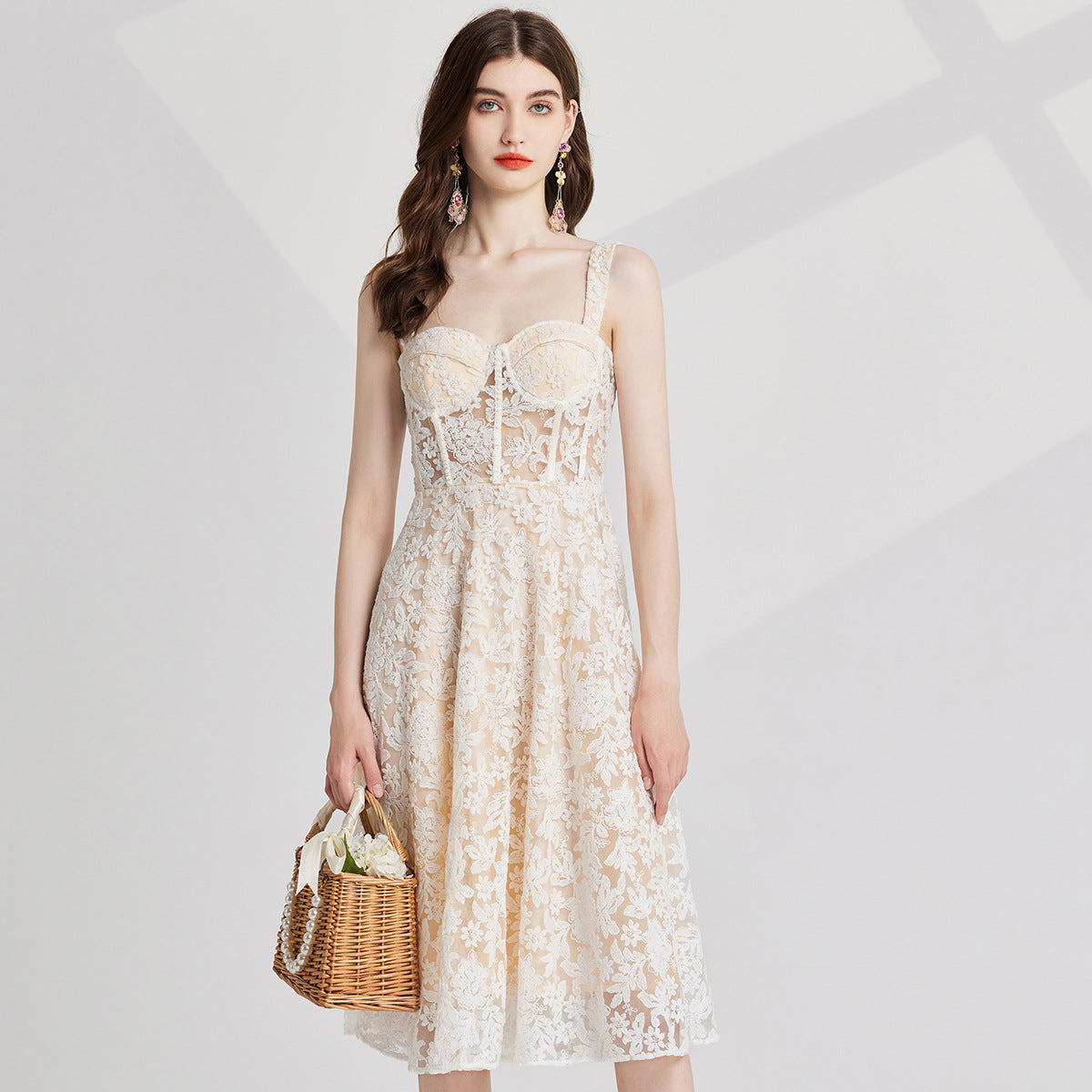 Ivory Lace Garden Dress with Heavy Embroidered Mesh Flocking and Corset Top - 821764686977_BEI (EOSS)