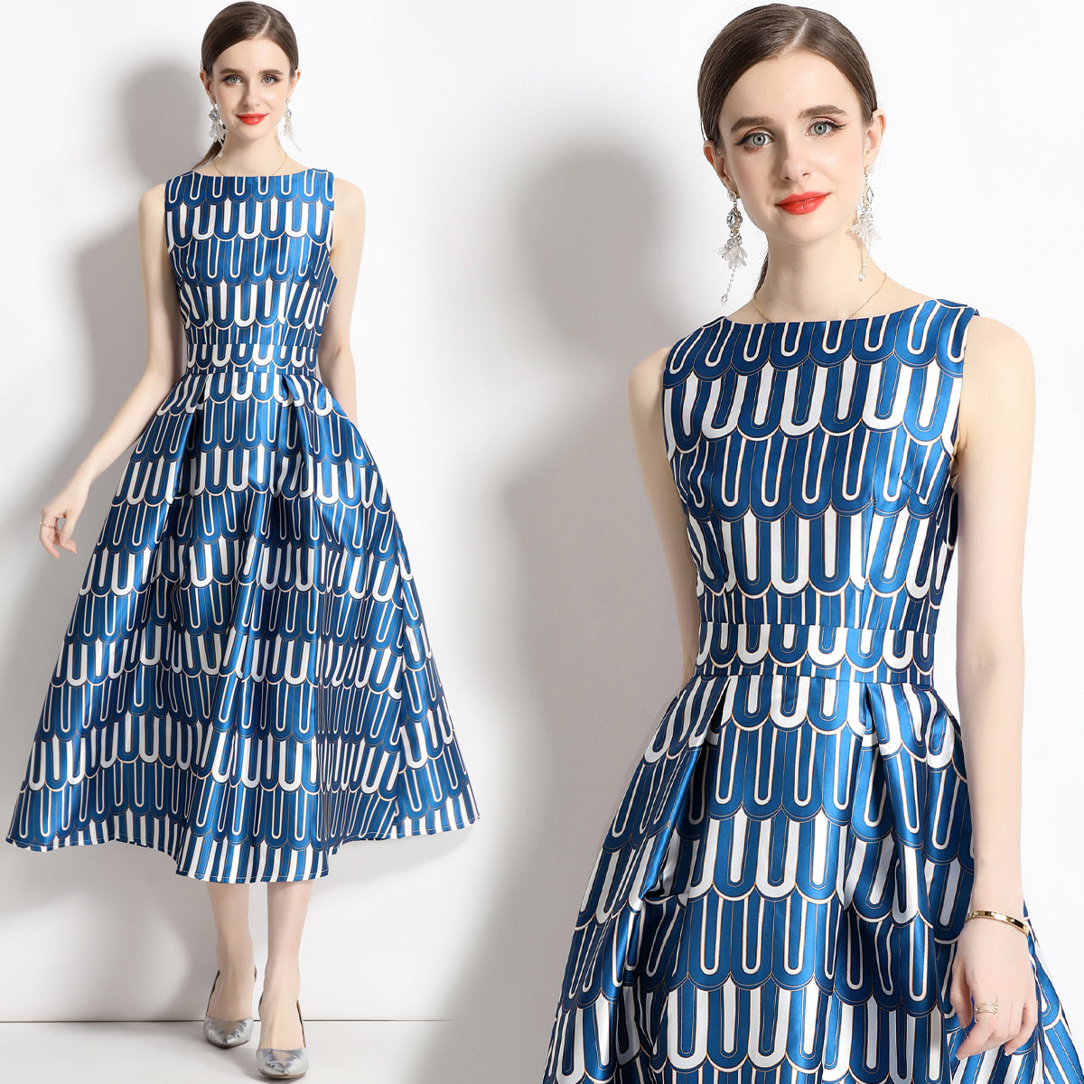 Sleeveless Boat Neck Fitted Vest Box Pleated Skirt Printed Satin Dress - 9015#701_BAS