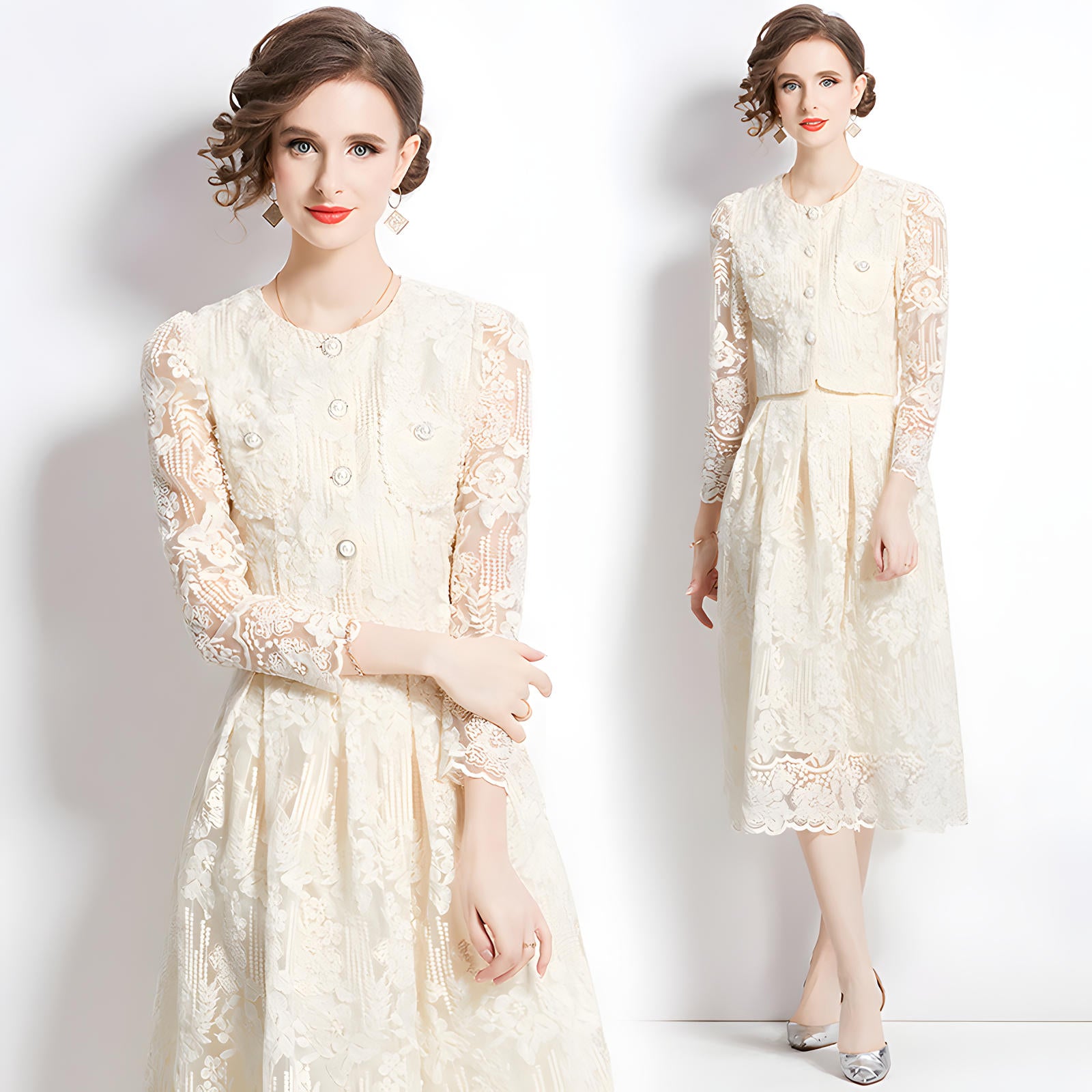 Embroidered French Lace Single Breasted Full Sleeve Blouse and Skirt Two Piece Set - 8566 #607_WHITE