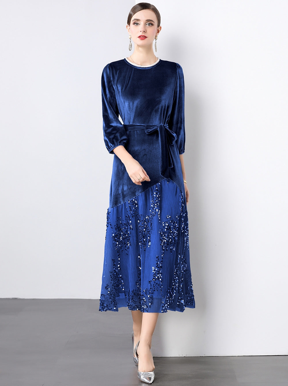 Velvet Mesh and Sequin Embellished Dress - 855932949530_BLUE
