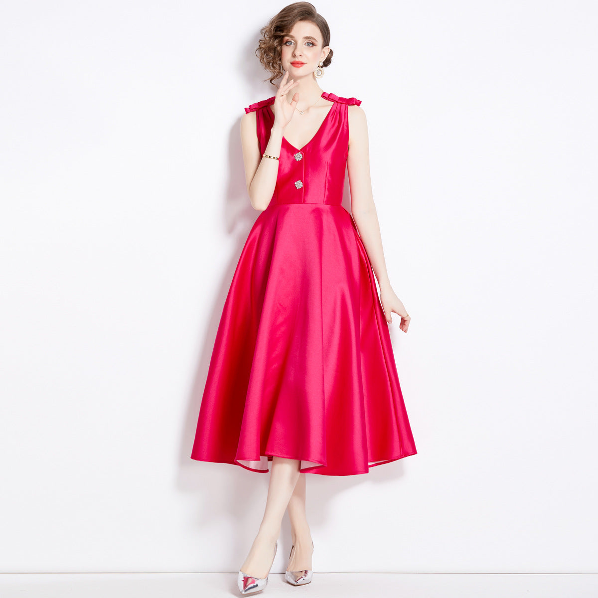 Hepburn Style Shoulder Bow V Neck Solid Hot Pink Satin Dress - 1630#701