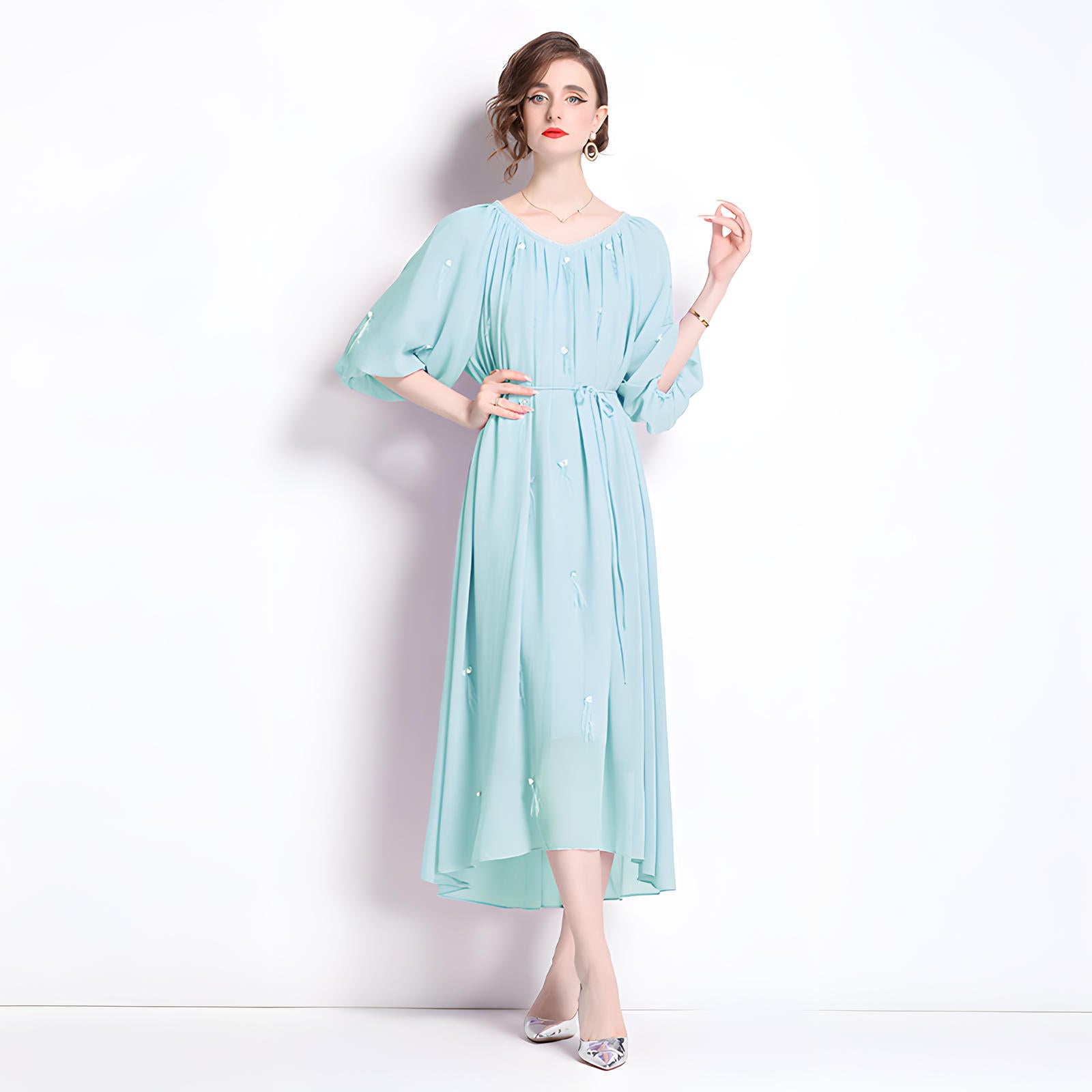 Tassel and Jewel Embellished Lake Blue Chiffon Dress - 808431656493_GRE