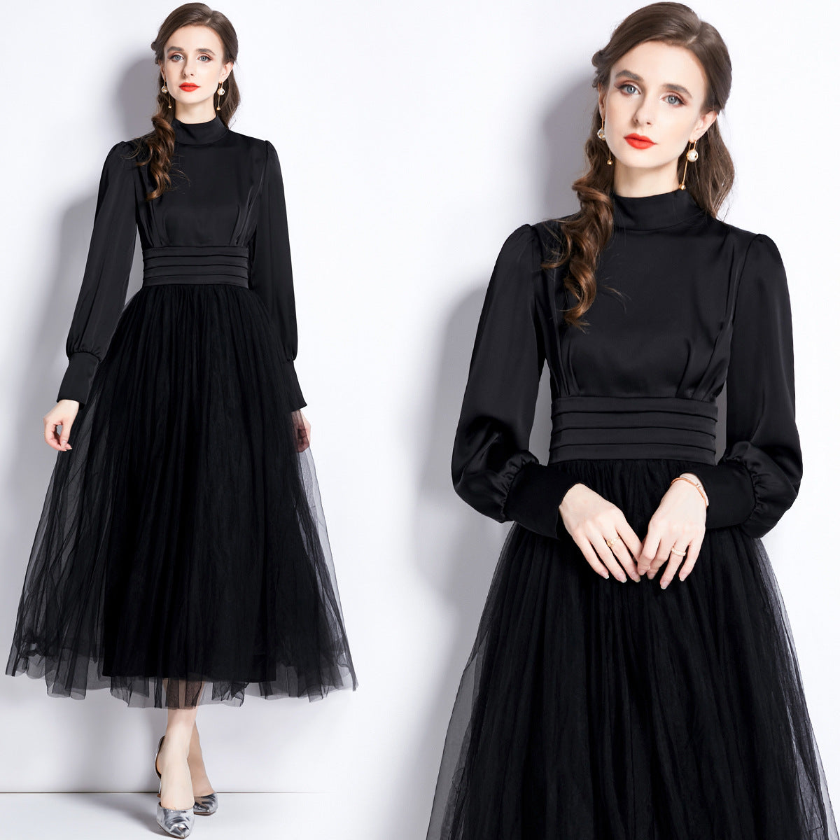 Stand Collar Pleated Vest Satin Blouse Mesh Skirt One Piece Black Dress - 741913477593_BAS