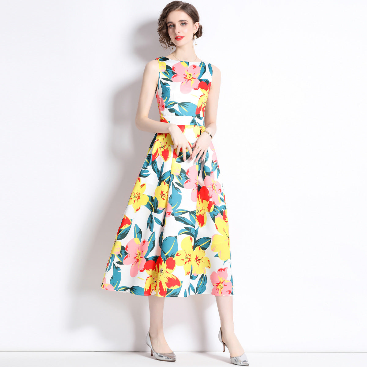 Sleeveless Boat Neck Fitted Vest Box Pleated Skirt Printed Satin Dress - 9069#701