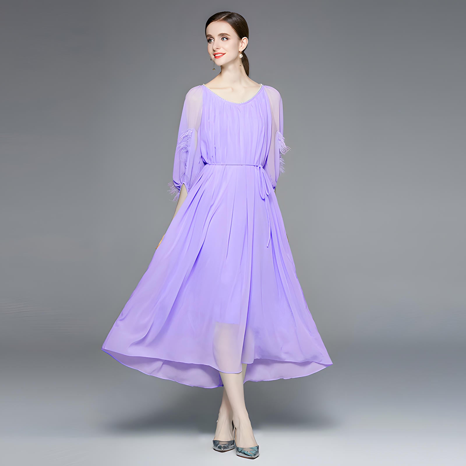 Lavender Dress with Feather-Embellished Sleeves and Pearl-Embellished Neckline - 800342769079_VIO