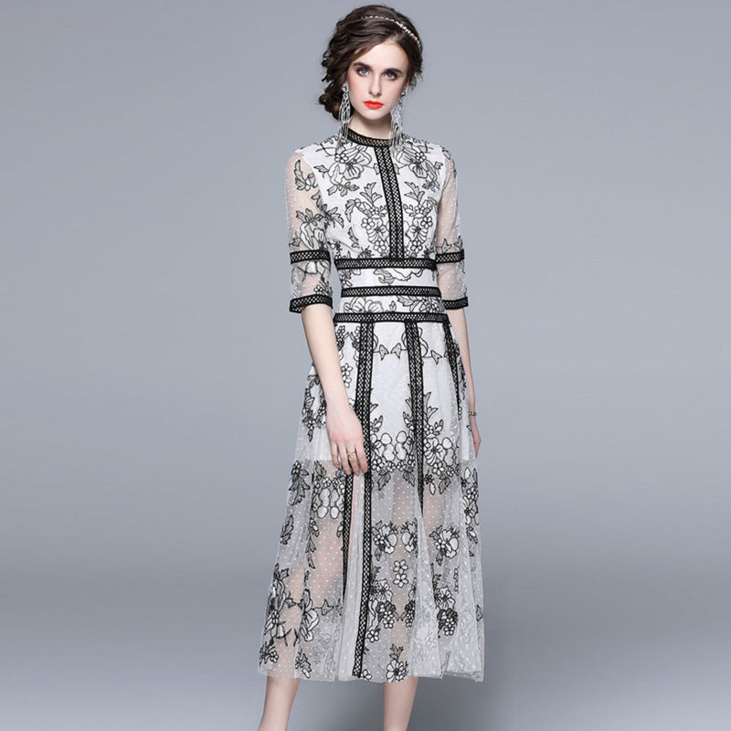 Embroidered Polka Dot Mesh and Lace White Black Dress  - 833884552896_BAS