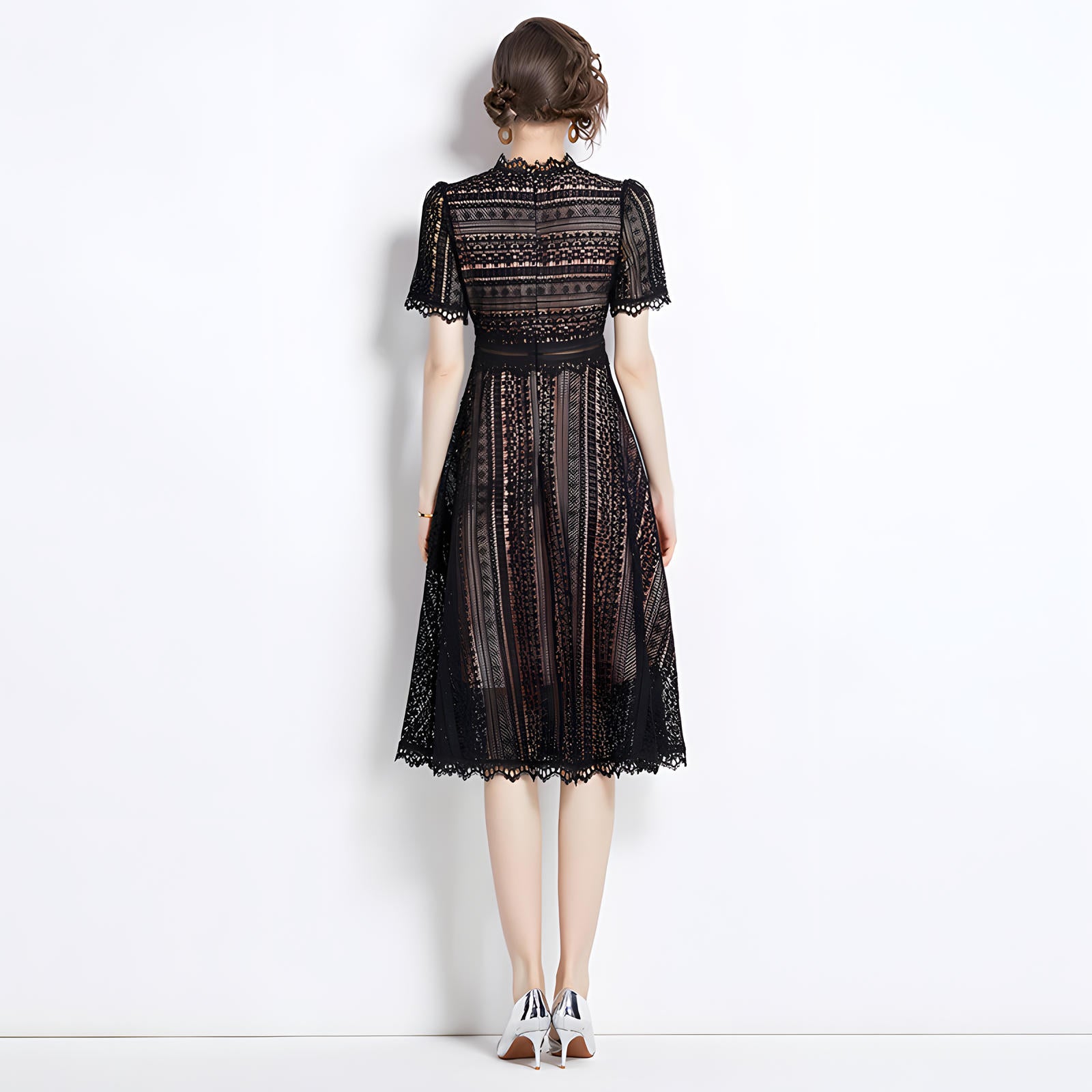 Luxury French Lace Jewel Neck Black Dress - 533#609_BLA