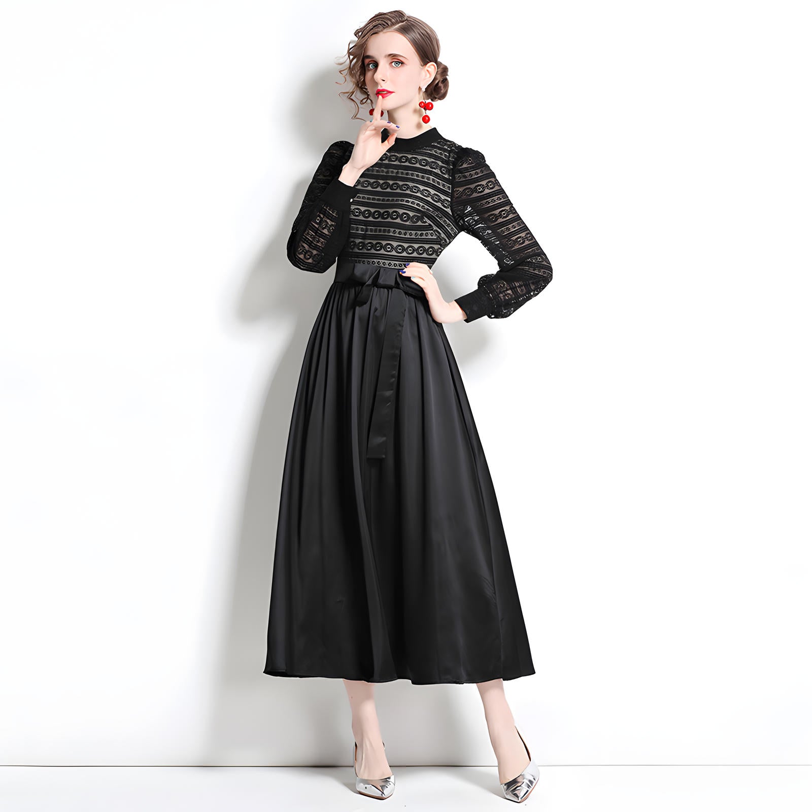 French Lace Nude Lining Vest Black Dress With Satin Skirt - 668632162100_BAS