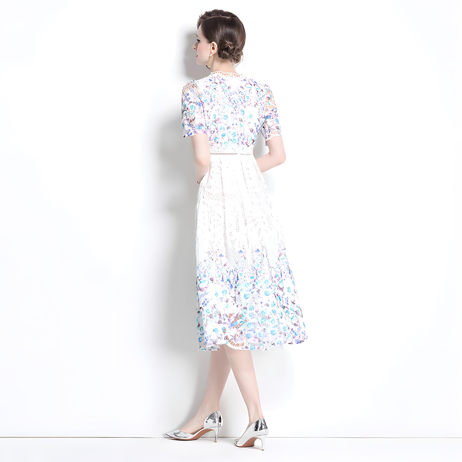 Printed Flower French Lace Jewel Neckline Dress - 800142260923_BAS