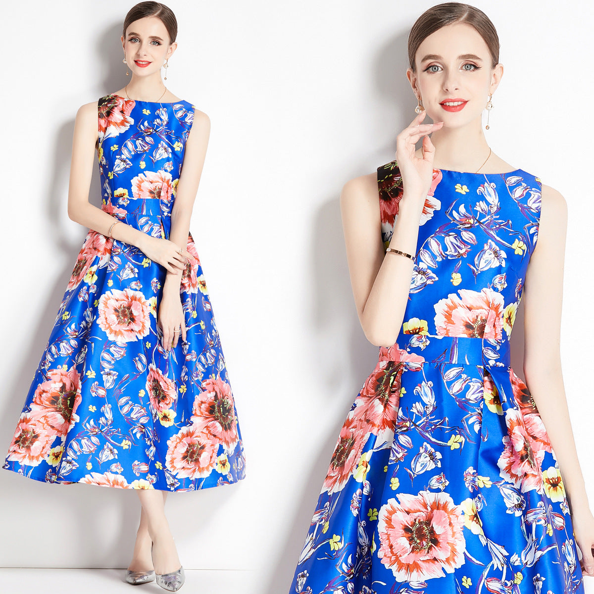 Sleeveless Boat Neck Fitted Vest Box Pleated Skirt Printed Satin Dress - 806#701_BAS