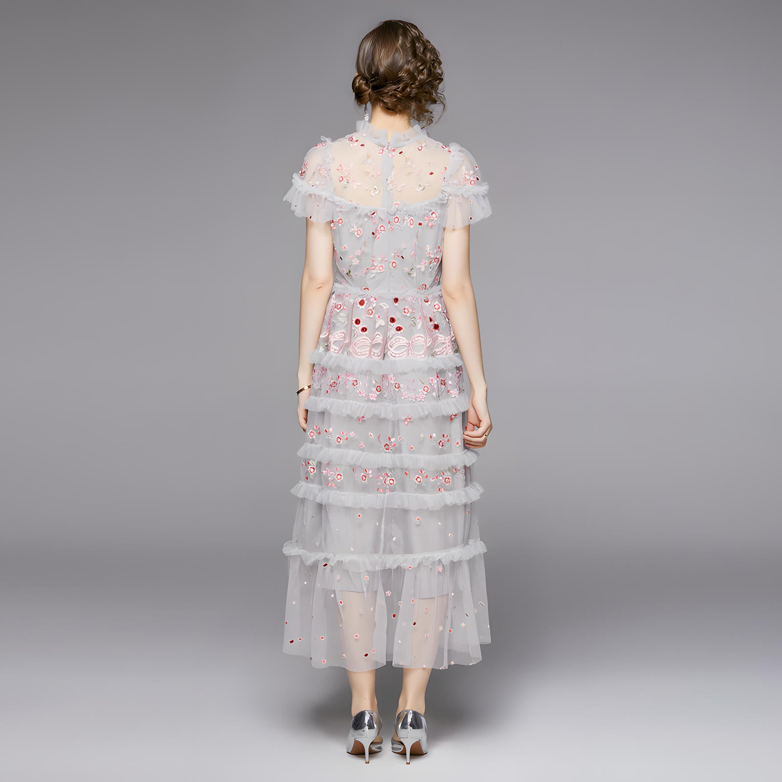 Embroidered Mesh Multitier Ruffled Skirt High Neck Long Grey Blue Dres - 700942841038_BAS