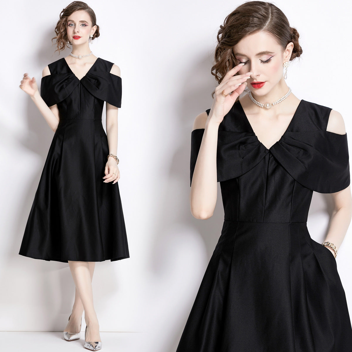 Off Shoulder V - Neck Fitted Vest Tucked Pleats Skirt Black Solid Satin Dress - NRJ-701A#1645_BLA