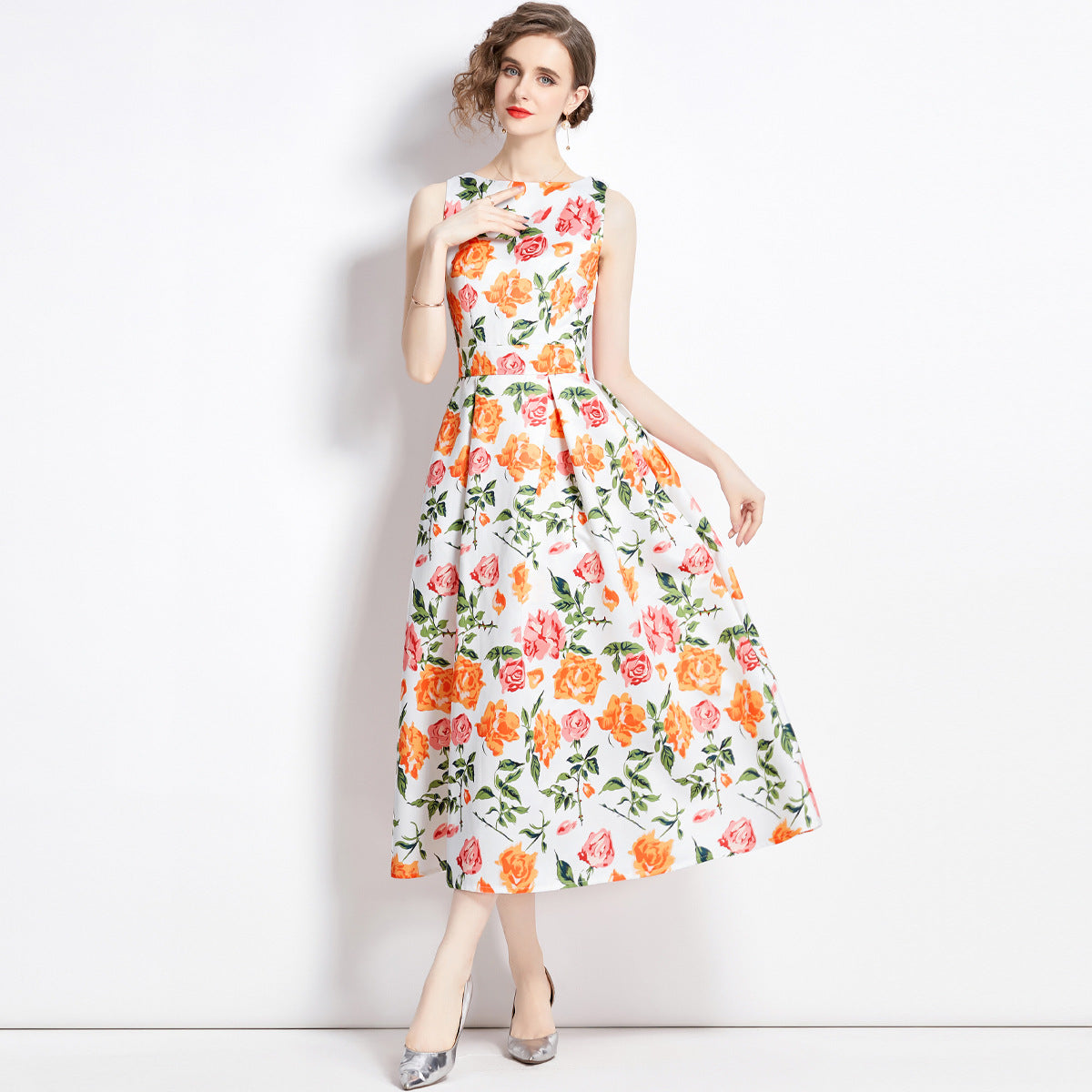 Sleeveless Boat Neck Fitted Vest Box Pleated Skirt Printed Satin Dress- 9053#701_BAS