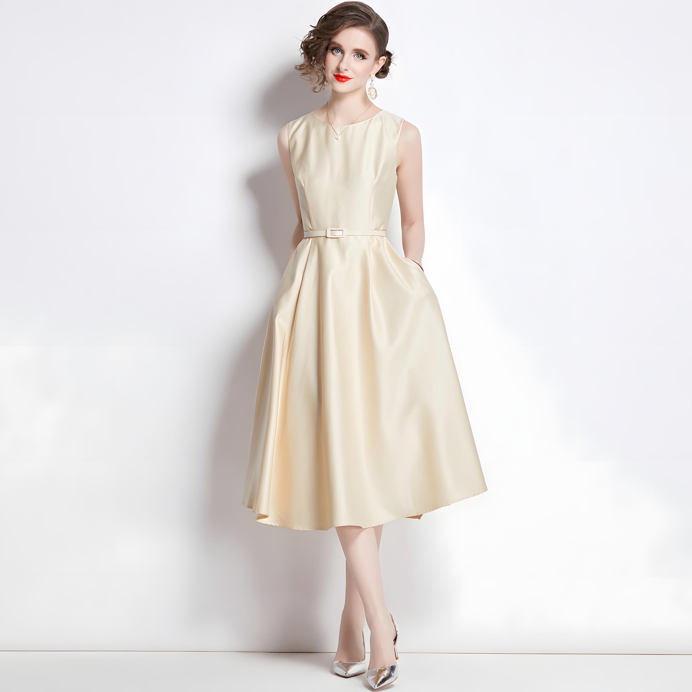 Princess Line Fitted Vest Apricot Sleeveless Satin Dress - 764153345733_BAS