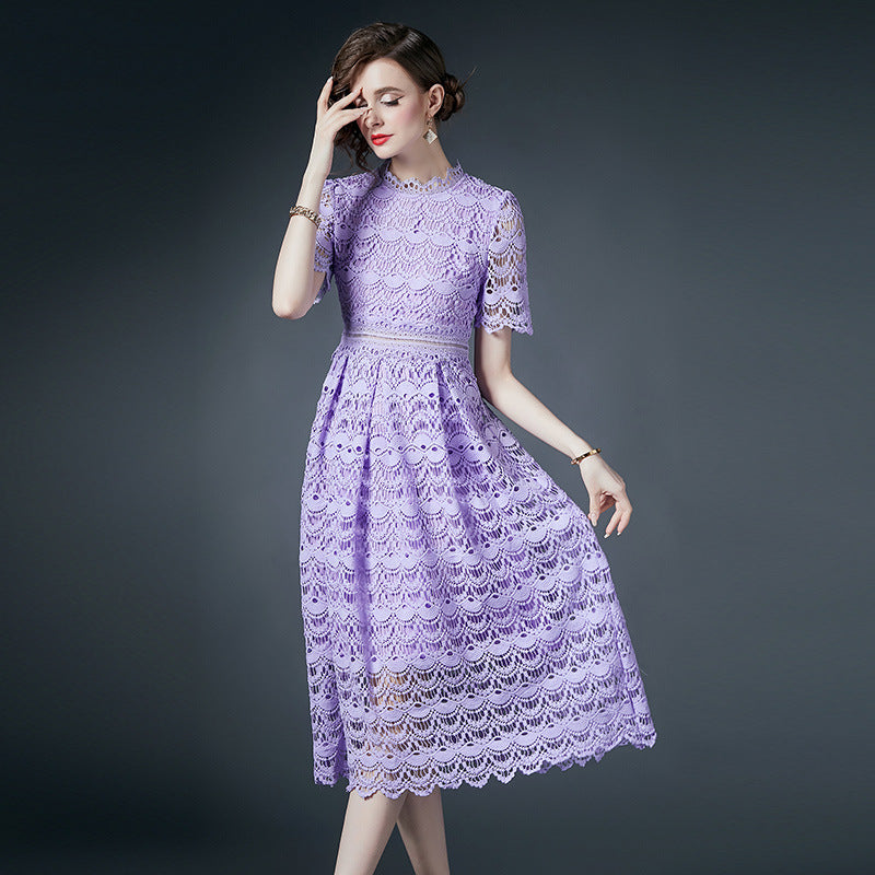 French Crocheted Lace Round Neck A - Line Lavender Dress - 780762721926