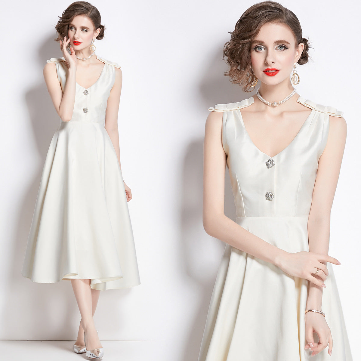 Hepburn Style Shoulder Bow V-Neck Solid White Satin Dress - 1635#701
