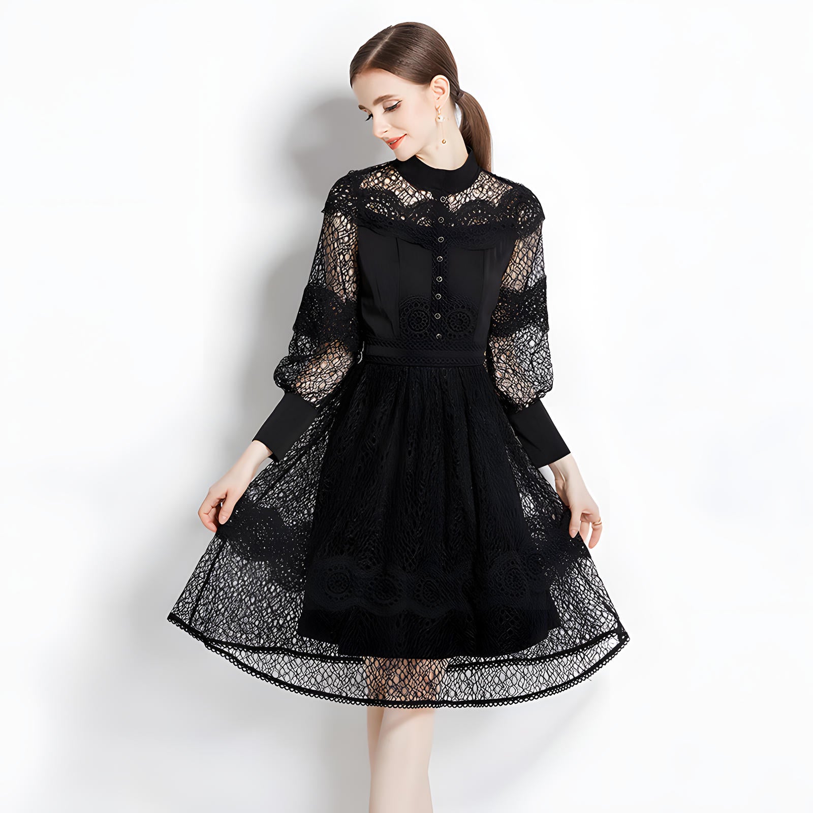 Luxury French Lace High Neck Retro Short Dress - 734561838831