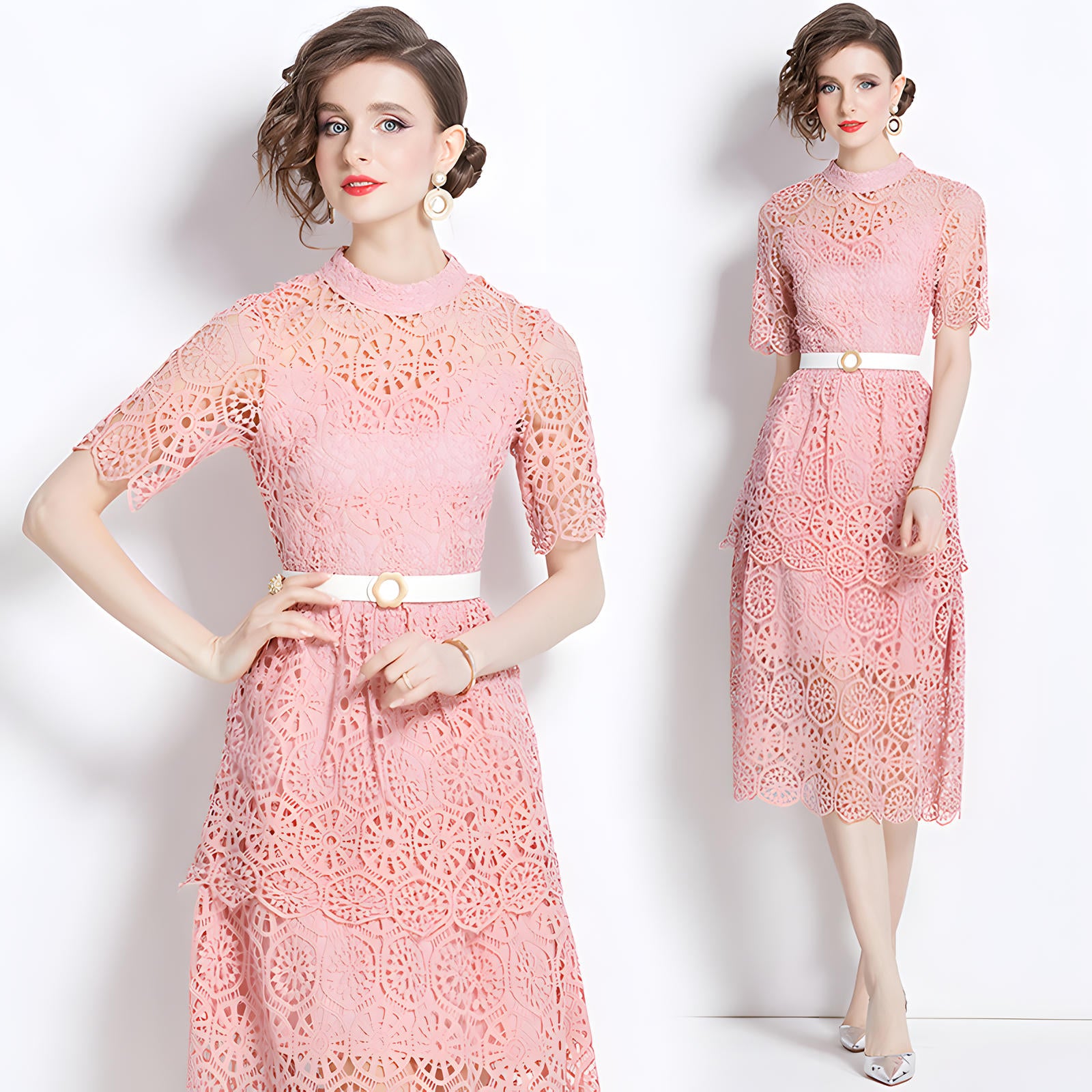 Luxury Multilayer French Lace High Neck Pink Dress With Belt - 510#609_PIN
