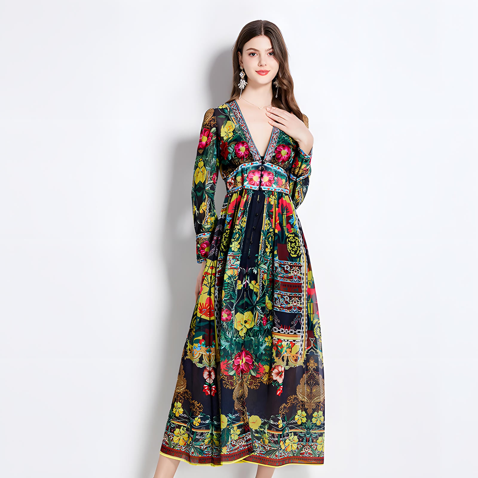 Printed Chiffon Plunging V - Neckline Elasticated Waist Front Split Long Dress - NRJ-720#2496