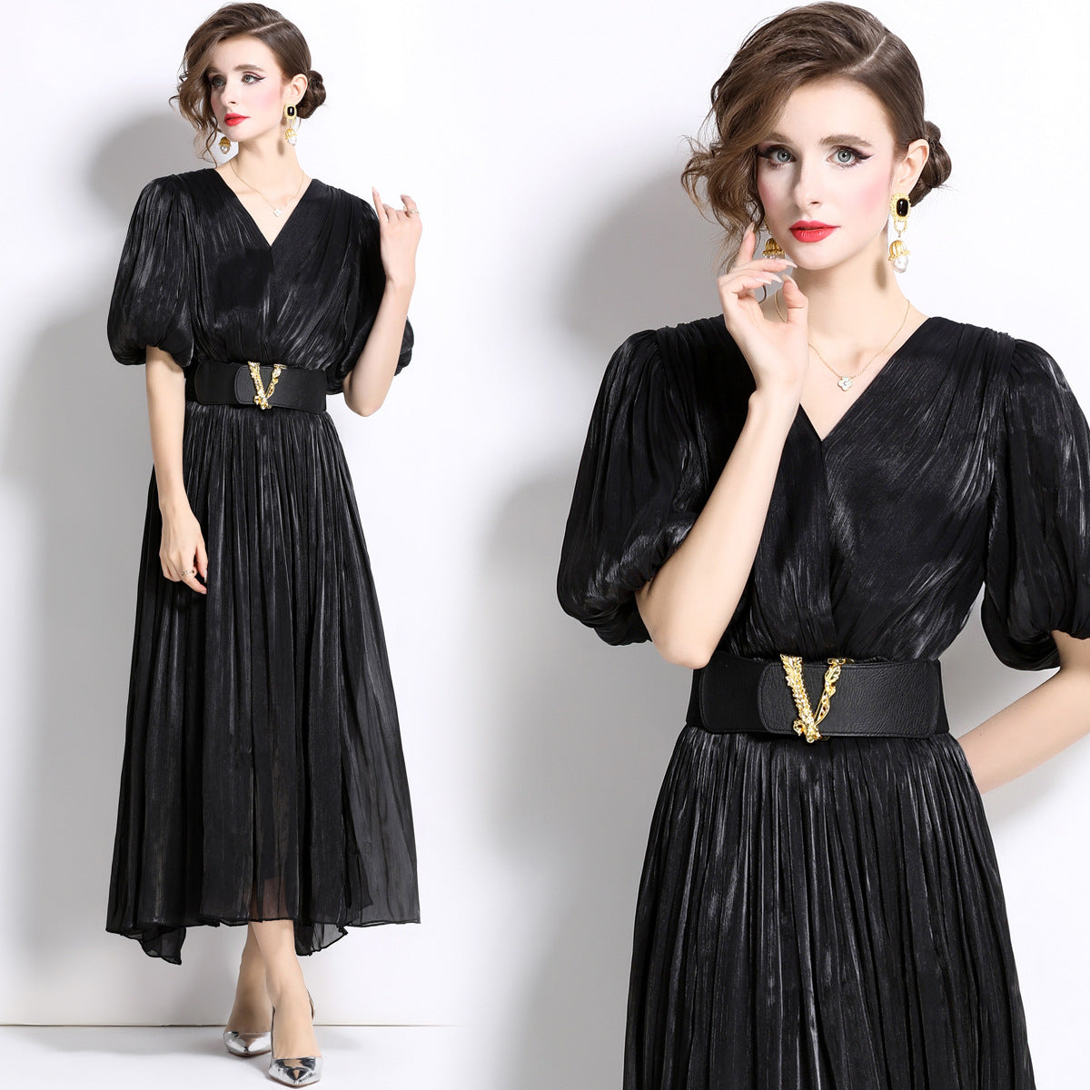 Glossy Pearlescent Chiffon Satin Fabric Lantern Sleeve Black Dress with Belt - 826775506420_BAS (EOSS)