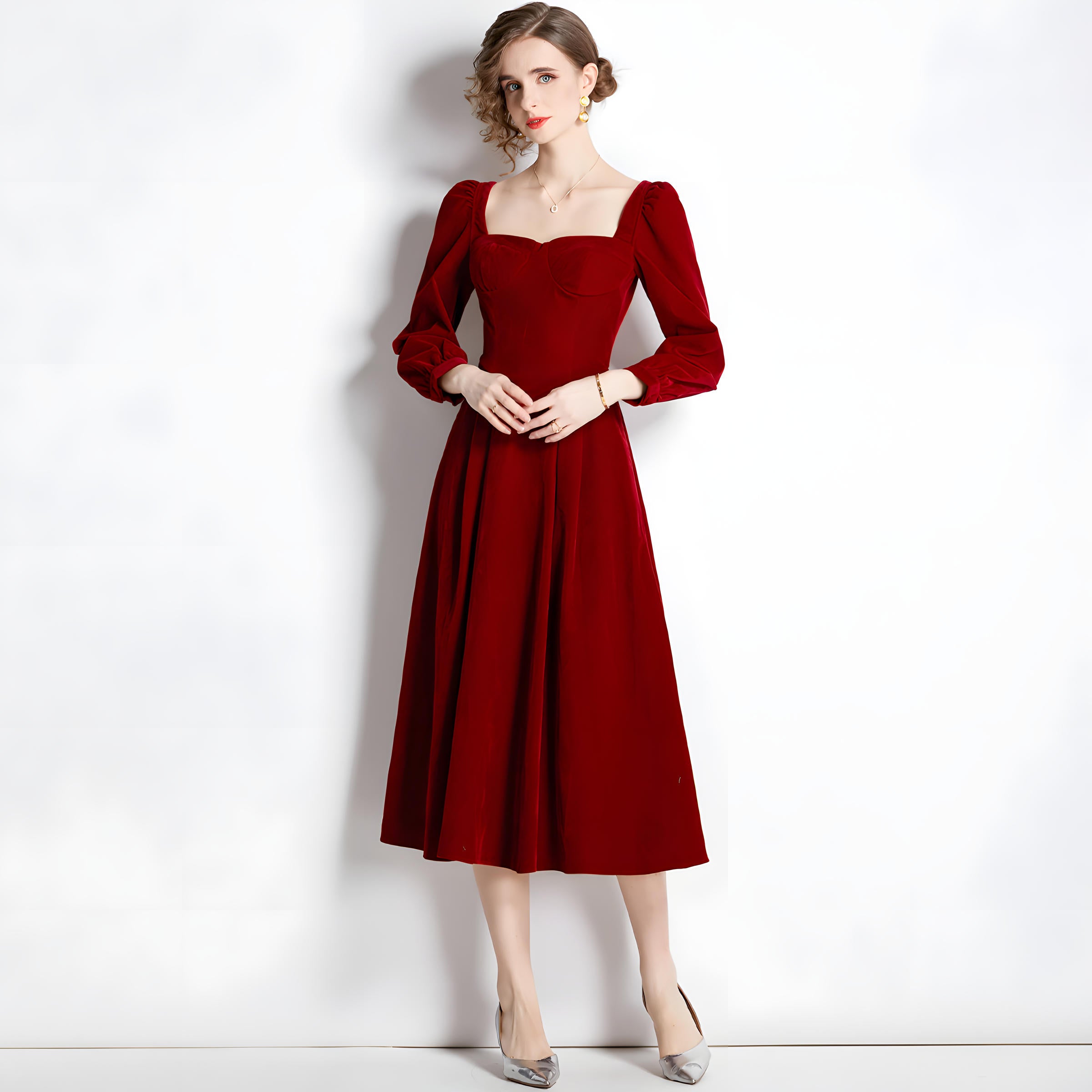French Retro Sweetheart Neckline Corset Top Full Sleeves Pleated Skirt Velvet Scarlet Dress - 687113837683_SCA