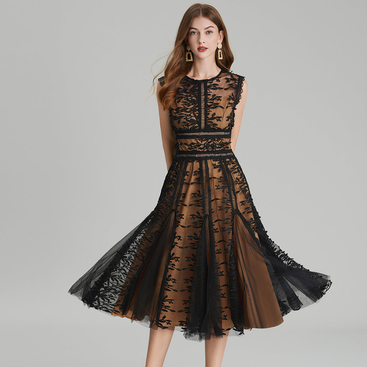 Midnight Noir Lace Midi Dress with Mesh Flocking and Nude Lining - 823734853765_BLA